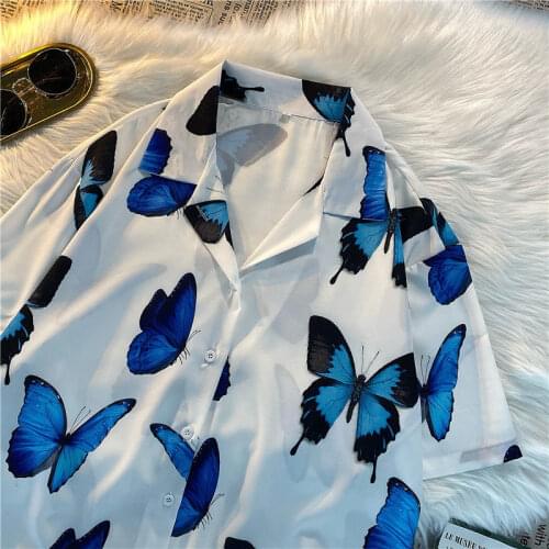 Women Men Butterfly Printed Causal Blouse Tops Cartoon Blusas Mujer Summer Short Sleeve Korean Loose Shirts ins Street 2021 New