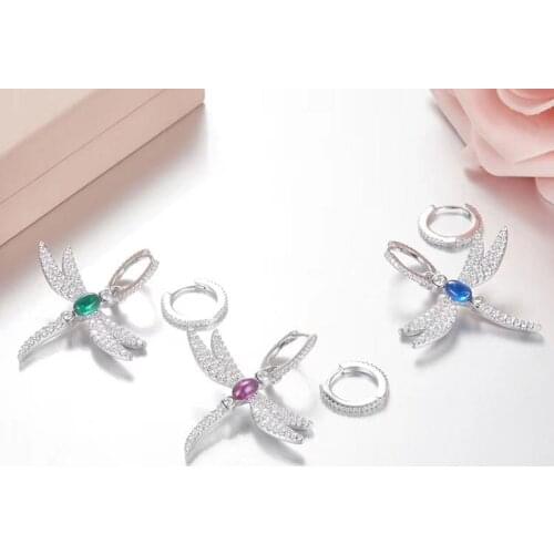 SLJELY 925 Sterling Silver Asymmetry Dragonfly AB Earrings Pave Green Red Blue Crystal Cubic Zircon Women Insect Design Jewelry