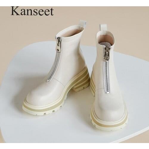 Kanseet Platform Zip Women Ankle Boots Autumn Winter New Genuine Leather Handmade Chunky Heel Round Toe Female Short Boots Beige