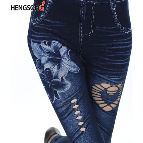 Female Jeans Leggings Fashion High Waist Leggings Female Flowers Print Ankle-Length Leggings Pants Hollow Denim Leggins
