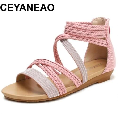 CEYANEAO 2021Spring and Summer New Cross-belt Slope with Roman Sandals Bohemia Ethnic Style All-match Holiday Womens Shoes