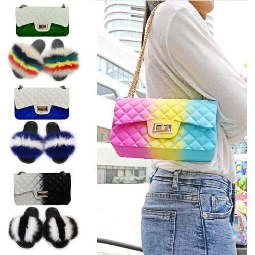 Womens Fox Fur Slippers Girls Fluffy Slides Female Luxury Shoes Ladies Furry Sandals Jelly Purse Colorful Shoulder Bags Sets