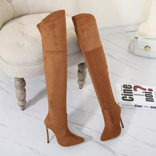 2022 Sexy Over The Knee High Boots Woman Flock Leather Thick High Heels Women Boots Winter Black Apricot Brown Party Shoes