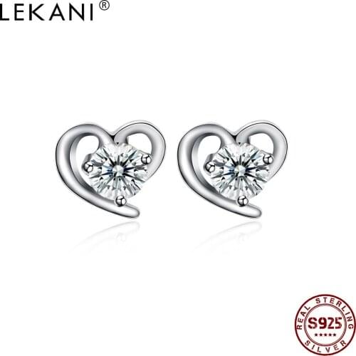 LEKANI Romantic Heart 925 Sterling Silver Stud Earrings For Women Clear Cubic Zirconia Earring Birthday Gift Fine Jewelry New