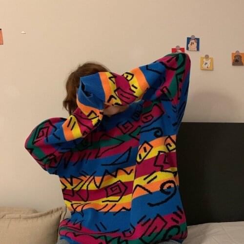 Loose Pull Femme Graffiti Lover Rainbow Striped Knit Women Sweater O Neck Long Sleeve Patch Pulllover Chic Retro Female Tops