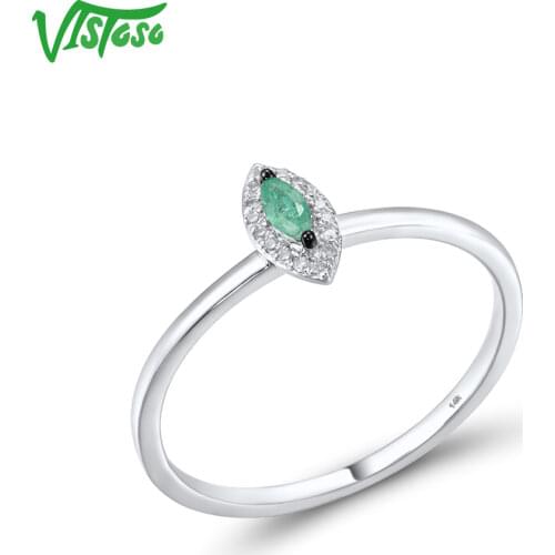VISTOSO Genuine 14K 585 White Gold Rings For Women Sparkling Emerald Diamond Rings Chic Simple Style Trendy Fine Gifts Jewelry