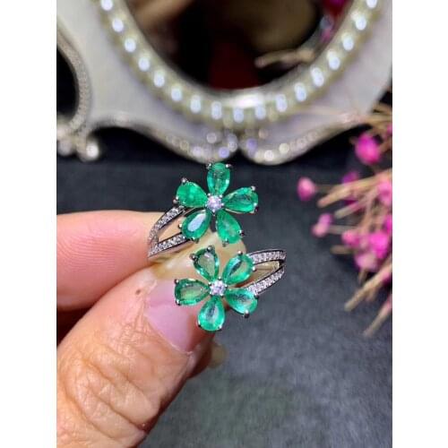 Luxurious Flower Natural green Emerald Ring Natural gemstone Opening Adjustable ring S925 silver women party girl gift Jewelry