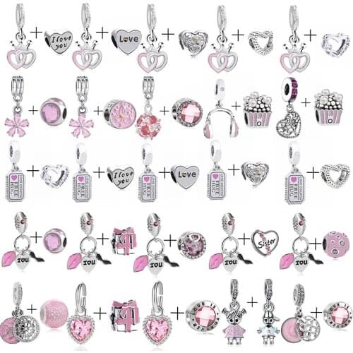 2Pcs Silver Plated Pink Color Love Heart Beads Charms Pendant fit Original Brand Bracelets Necklaces for Women Jewelry Making