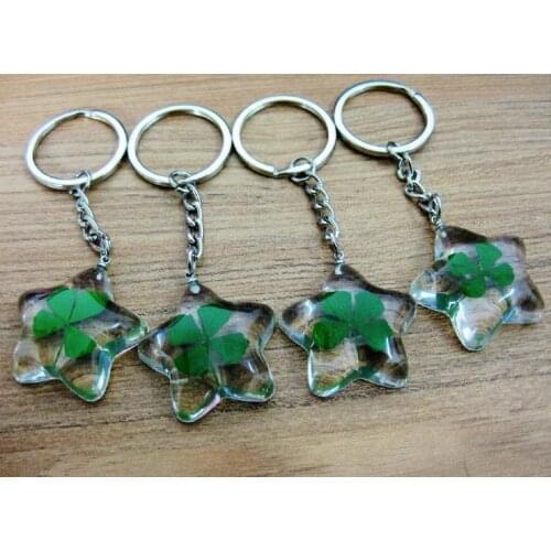 Free shipping 20 pcs key ring real lucid five star shamrock sample four leaf clover keychain