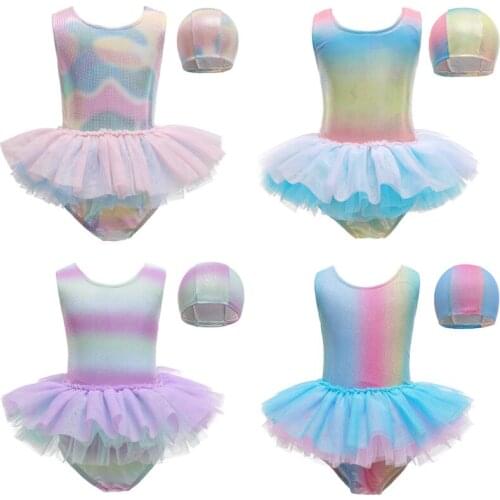 2021 Ins Childrens Swimsuit Toddler Girl Sweet Magic Color One Piece Ballet Princess Party Dress Swimwear Cute Girls Dress 3-8y
