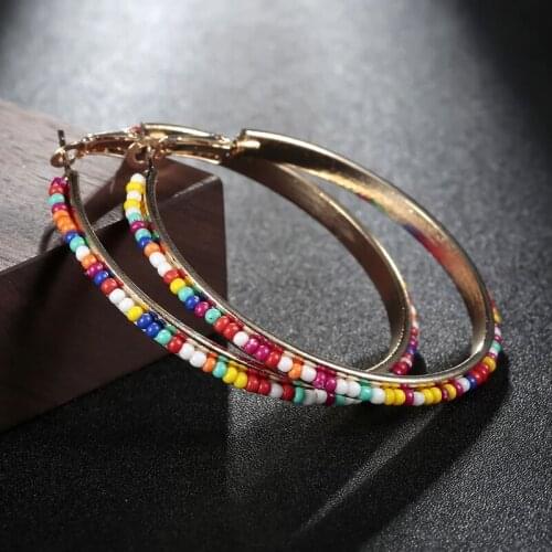 5cm Diameter Bohemian Big Round Hoop Earrings for Women Fashion Gold Color Alloy Earring Female Boho Jewelry Rhinestone Trendy