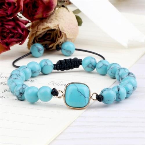 8mm Beaded Bracelet Natural Stone Light Blue Turquoises Adjustable Rope Braided Bracelets for Women Men Handmade Charms Jewelry