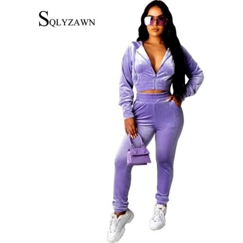 Velvet Suit Famale Autum Long Sleeve Cropped Jacket Trousers Casual Women Purple Blue Loose Sporty Set Velour 2ps Matchig Set