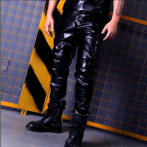 Black classic PU wild leather pants hairdresser nightclub bar singer DJDS costume 2019 fashion new large size mens clothing