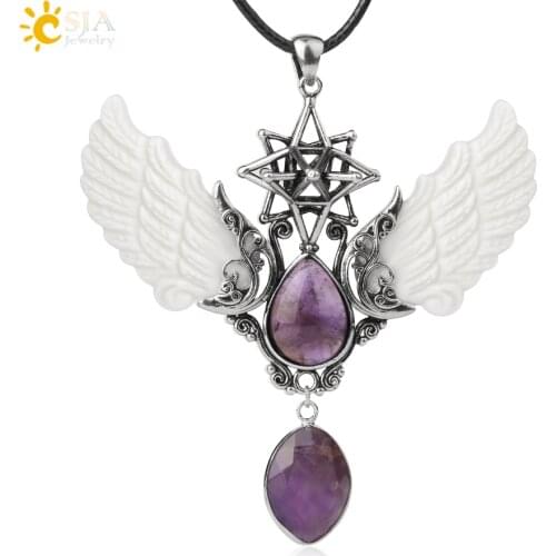 CSJA Merkaba Water Drop Crystal Necklace Natural Stone Pendants Vintage Angel Wing Jewelry Lapis Lazuli Necklaces Collier G780