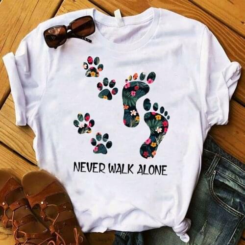 New Womens T-shirt Graphic Flower Never Walk Alone Dog Paw Flower Fashion Printed Top Female T Shirts Harajuku Ladies Clothes