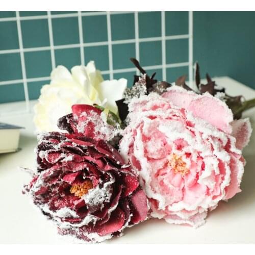 Artificial Snow peony silk flower Christmas Artificial Flowers Fall Vivid Peony Fake Leaf Wedding Home Party Xmas Decoration
