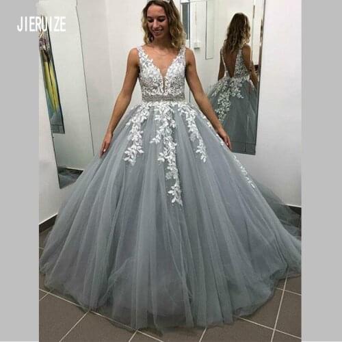 JIERUIZE Gray Puffy Tulle Wedding Gown V Neck With Beaded 3D Floral Applique Crystal Sash Backless Princess Bride Dresses