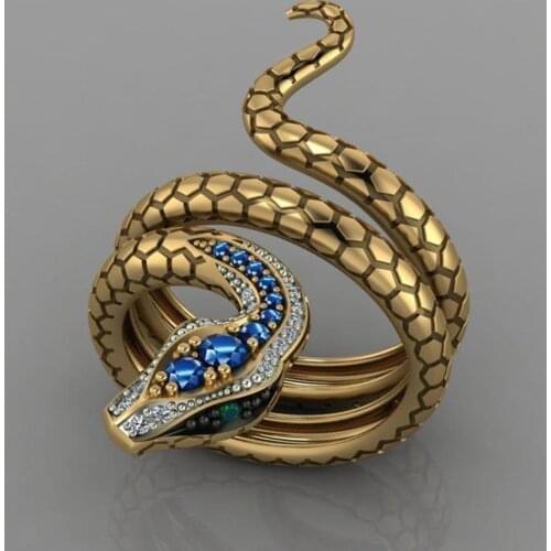 Trendy Gold Color alloy Snake Ring Blue Zircon Crystal Rings for Women men Fashion Retro Exaggerated Punk party Jewellery