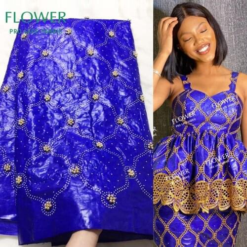 Royal Blue Beaded Bazin Riche Lace Fabric With Rhinestones Beads And Stones African Women Wedding Dress Basin Riche Broder