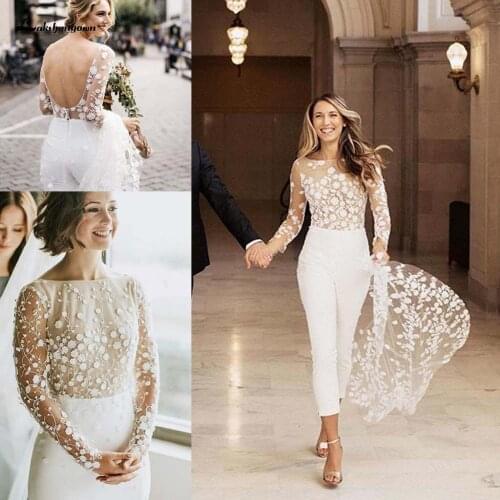 Lace Floral Wedding Jumpsuit With Train 2021 Jewel Neck Long Sleeve Backless Bohemian Beach Bride Gown vestidos Robes De Mariée