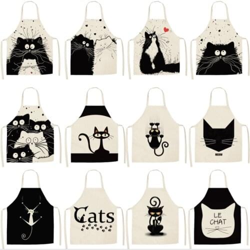 Black Cute Cat Printed Kitchen Cooking Baking Aprons 53*65cm Sleeveless Cotton Linen For Women Man Home Delantal Cocina
