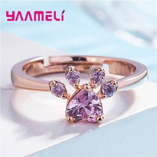 Cute Cartoon Bear Dog Cat Paw Zircon Ring Pure 925 Sterling Silver Opening Adjustable Women Girl Finger Jewelry Dropshipping