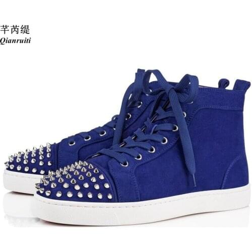 Qianruiti Fashion mens Sneakers Spikes Toe Platform Flats High Top Sneakers Men Lace up Rivets Shoes Casual Shoes Big size 46
