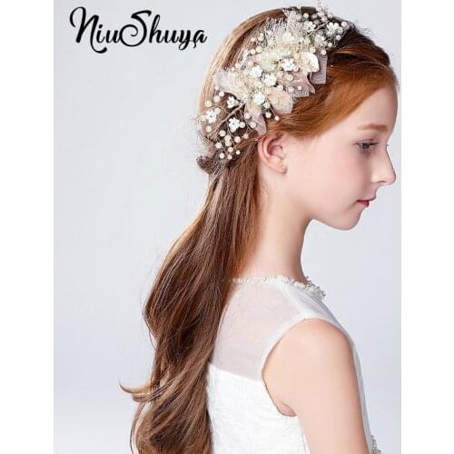 NiuShuya Girls Flower with Gold Leaf Headdress Children Stage Show Hair Ornament Party Photography Headpiece Accessories
