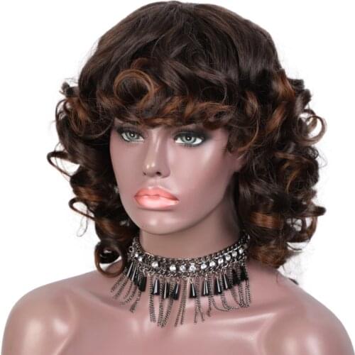 AISI HAIR 14inches Short Curly Wig With Bangs Ombre Black Brown Synthetic Wig for Black Women Heat Resistant Fiber Natural Wigs