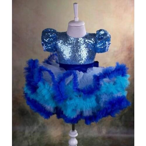 New Royal Blue Infant Toddler Girls Birthday Dresses O Neck Sequined Top Tulle Flower Girl Dress Children Princess Tutu Outfit