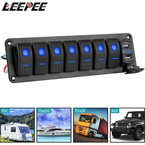 7 Gang Rocker Switch Panel Car Marine Circuit Breaker Dual USB Chargers Digital Voltmeter DC 12V/24V For Car Marine RV SUV Yacht