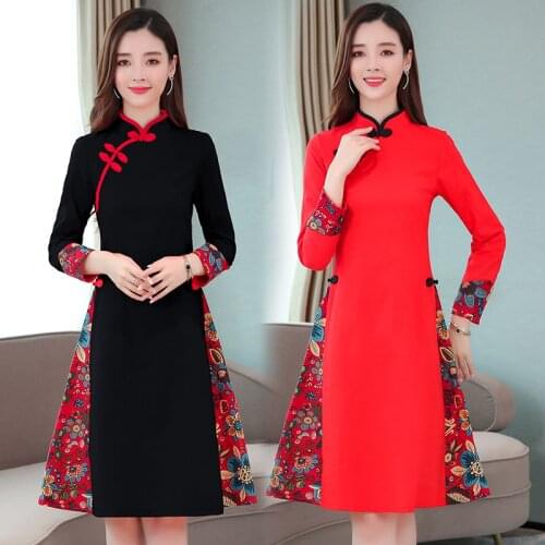 Floral Print Patchwork Improved Cheongsam Women Stand Collar Vintage Buckle Chinese Style Slim Knee Length Dress Female Qipao