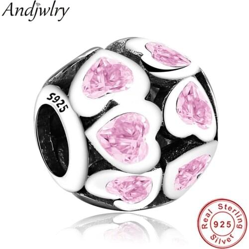Fit Original Pandora Charms Bracelets 925 Silver Beads Charm Pink Heart Zircon Beads Valentines Day DIY Women Jewelry Berloque