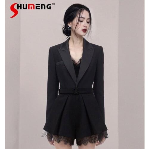 Casual Single Breasted Lace Jumpsuit Black Blazer Ladies 2021 Spring Solid ColorLace-Trimmed Shorts Suit Female One Piece