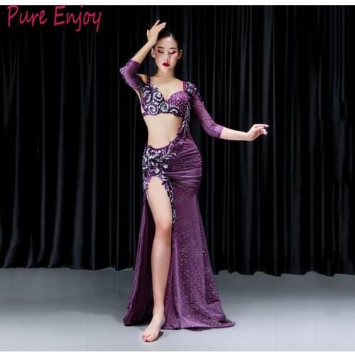 Profession Custom Made Childrens adult Belly Dance Set Show Costume New luxury diamond Bra Long Skirt Fashion Set