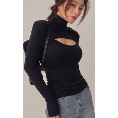 Women Sexy Ribber Knitted Turtleneck Top 2021 Autumn Korean Slim Pullover Sweater Casual Soft Warm Long Sleeve Hollow Pullover
