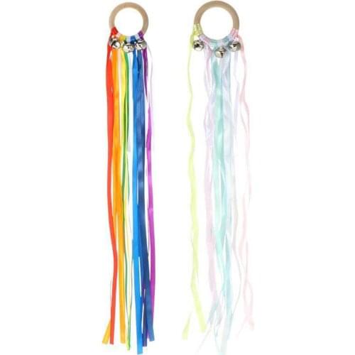 Rainbow Color Stain Ribbon Wooden Ring Waldorf Ribbon With Bell Hand Kite Toy for Birthday Party Favors