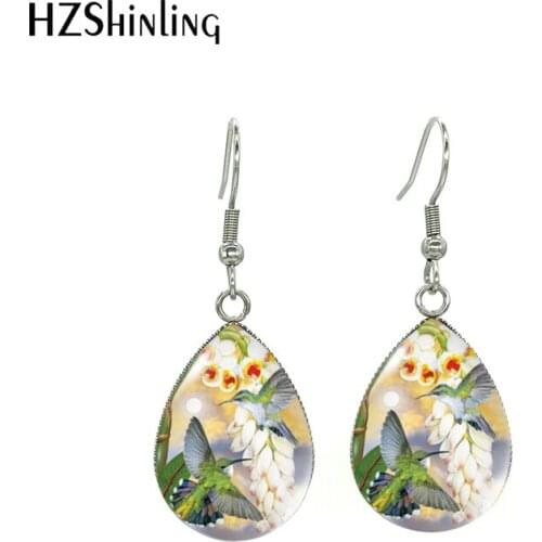 2021 New Vintage Hummingbird with Flowers Oil Paintings Tear Drop Dangles Handcraft Stainless Steel Fish Hook Earrings