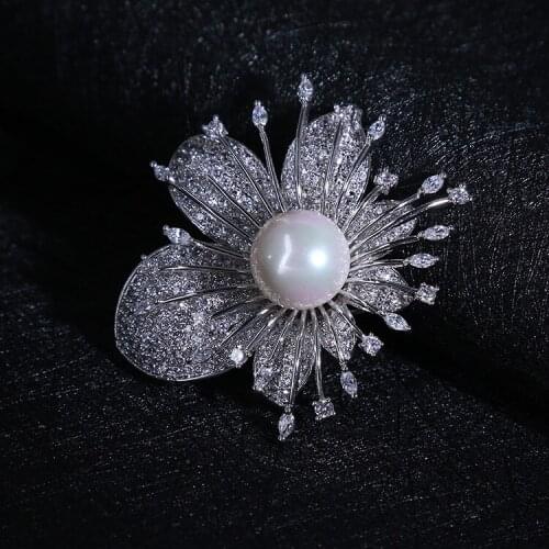 SWOUR New Bridal Jewelry S925 Sterling Silver Flower Pearl Exquisite Design Micro Cubic Zircon CZ Brooch High Quality S034