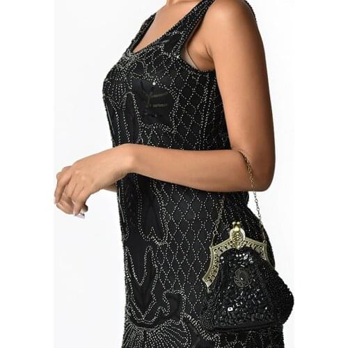 Vintage 1920s Style Black Beaded Top Frame Flapper Purse Design Metal Frame Kissing Lock Satin Interior Evening Party Clutch