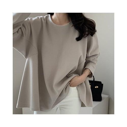 Women T-Shirt Casual Plain Tops Spring Autumn Fall Korea Japan Long Sleeve Loose Tee Office Lady Work T-shirts New Fashion Tops