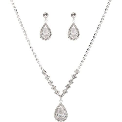Women Elegant Waterdrop Rhinestone Pendant Necklace Hook Earrings Jewelry Set