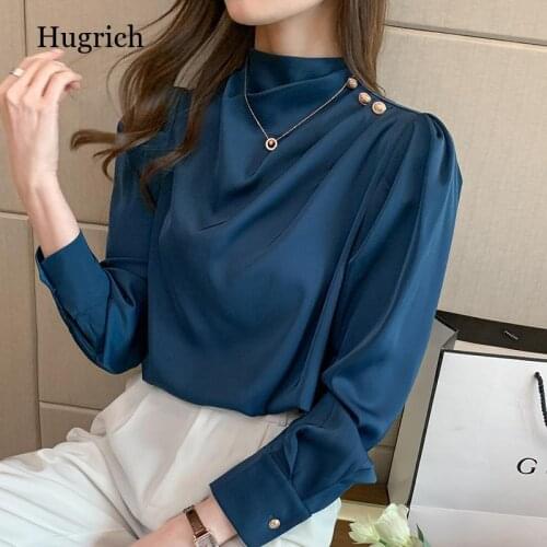 Blue and White Puff Sleeve Satin Top Womens 2021 Spring and Summer Stand-Up Collar Button Office Ladies Shirt Female New Style
