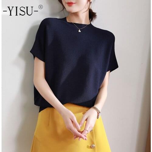 YISU Summer Casual Women Sweater Solid color All-match O-Neck Summer tops 2021 New Jumper Female Short sleeve Knitted pullover