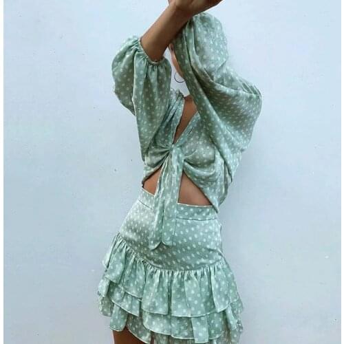 Vintage polka dot dress suits women 2 pieces dress sets lace up ruffle summer autumn beach holiday dress green short mini dress