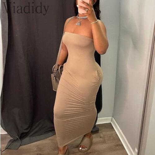 Women Solid Color Bandeau Pocket Design Sleeveless Skinny Maxi Dress