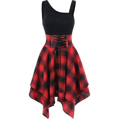 Summer Dress Women Dresses Sexy Robe Sleeveless Cold Shoulder Cross Lace Up Plaid Print Irregular Vestidos De Mujer Casual