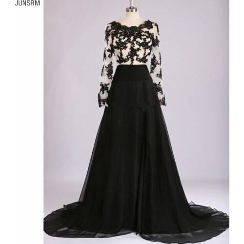 2020 Vintage Charming Gothic Illusion Long Sleeve A Line Wedding Dress Tulle Black Lace Sweep Train Custom Made