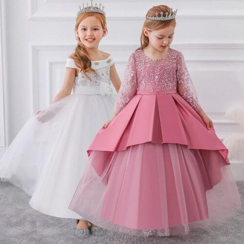 2019 Teen party Girls Wedding Dress Long sleeve Lace flower Party Tulle Princess Birthday Dress Gown for Girls 4-14 years